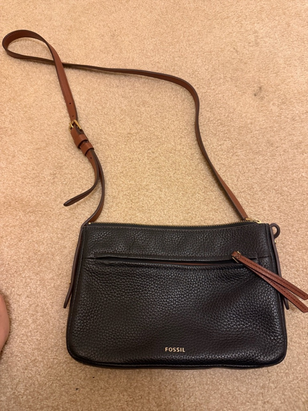 Fossil Black Pebbled Leather Crossbody with Brown Strap